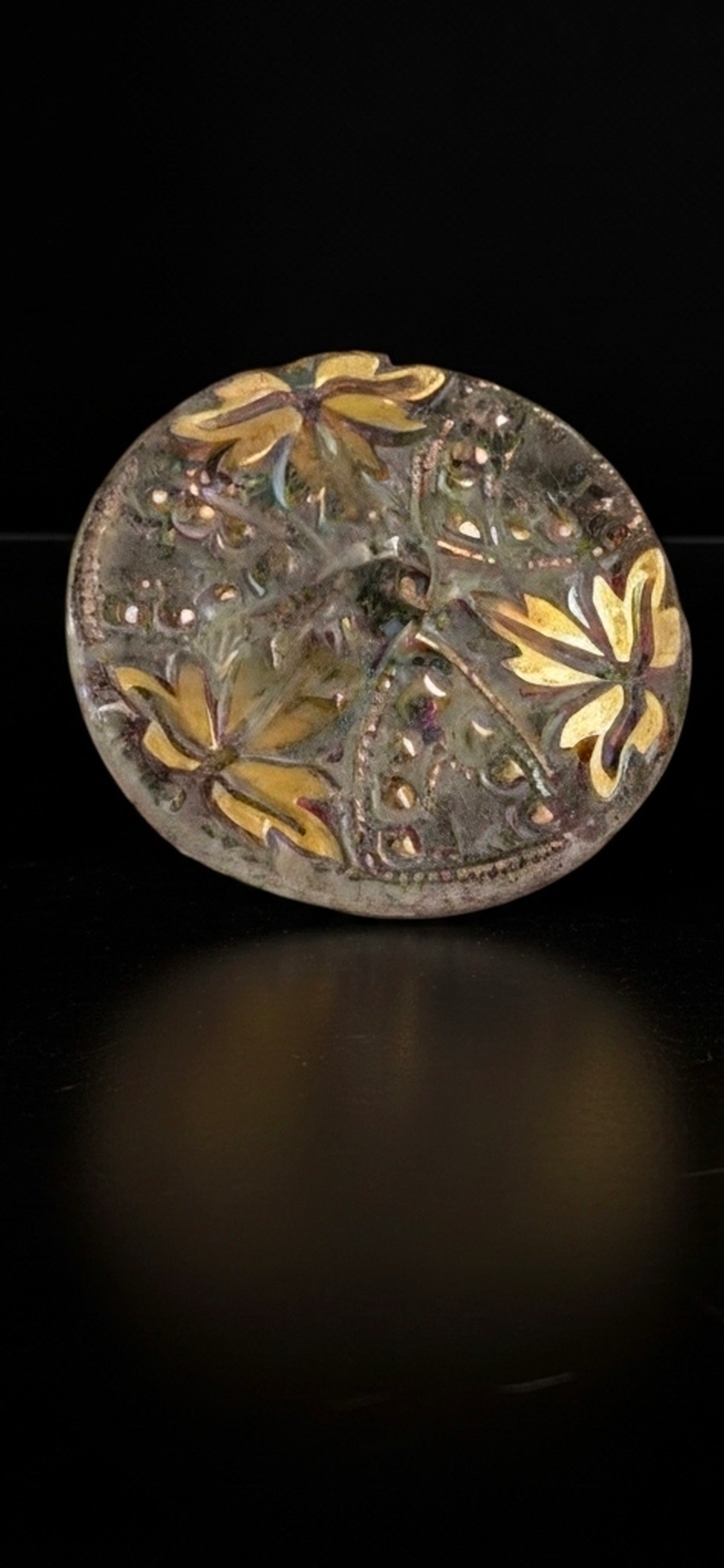 Luminous Vintage Glass Button: Gold Leaf Maple Foliage